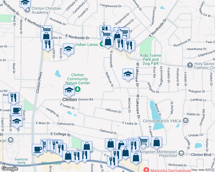 map of restaurants, bars, coffee shops, grocery stores, and more near 542 Belle Place in Clinton