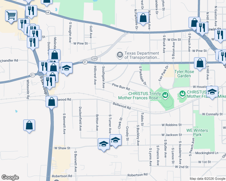 map of restaurants, bars, coffee shops, grocery stores, and more near 2807 Pin Oak Street in Tyler