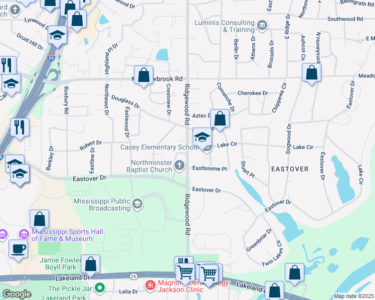 map of restaurants, bars, coffee shops, grocery stores, and more near 2101 Lake Circle in Jackson