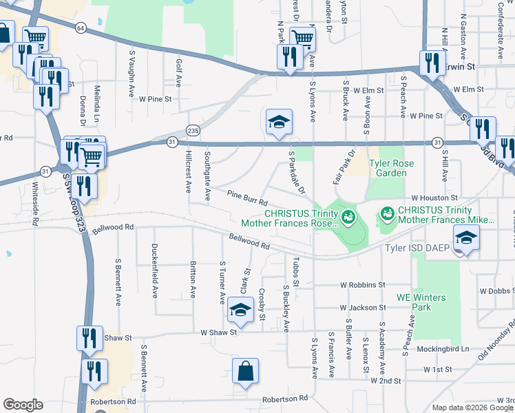 map of restaurants, bars, coffee shops, grocery stores, and more near 2610 Pine Burr Road in Tyler