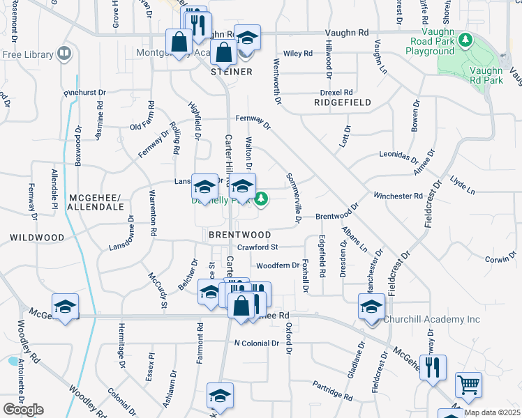 map of restaurants, bars, coffee shops, grocery stores, and more near 3425 Carter Hill Road in Montgomery