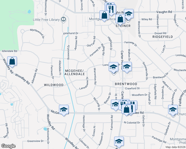 map of restaurants, bars, coffee shops, grocery stores, and more near 2603 Wildwood Dr in Montgomery