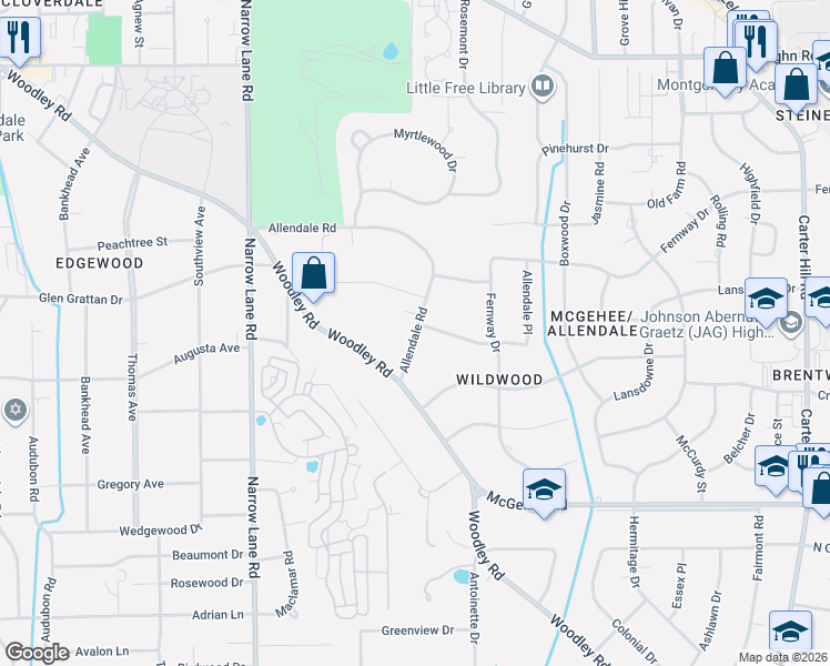 map of restaurants, bars, coffee shops, grocery stores, and more near 2235 Allendale Rd in Montgomery