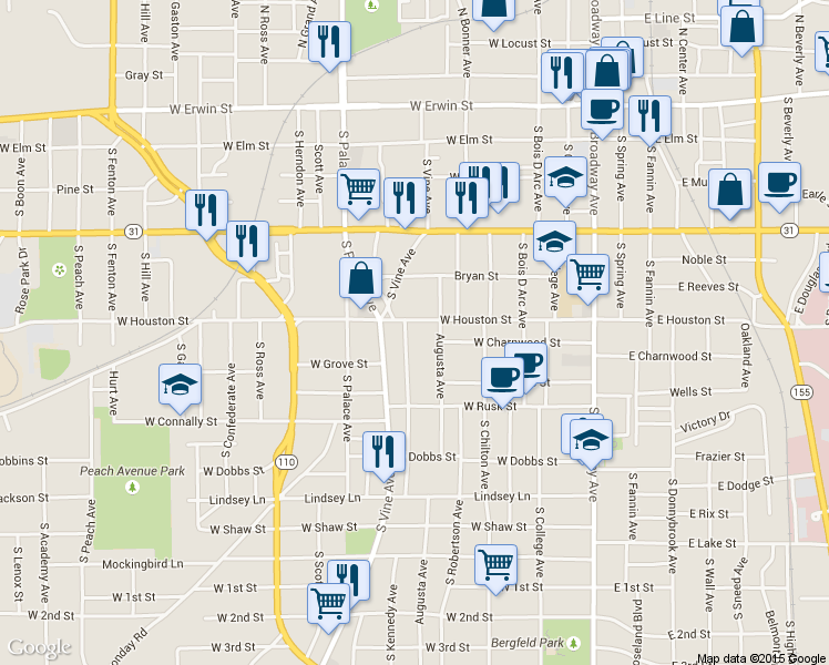 map of restaurants, bars, coffee shops, grocery stores, and more near 619 Augusta Avenue in Tyler