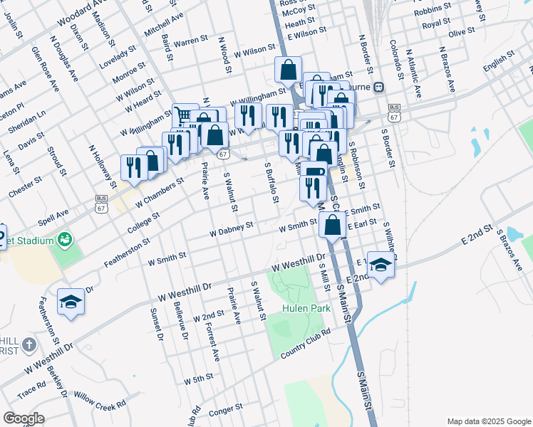 map of restaurants, bars, coffee shops, grocery stores, and more near 206 West Dabney Street in Cleburne