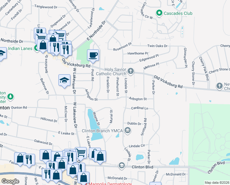 map of restaurants, bars, coffee shops, grocery stores, and more near 703 Pinehurst Street in Clinton
