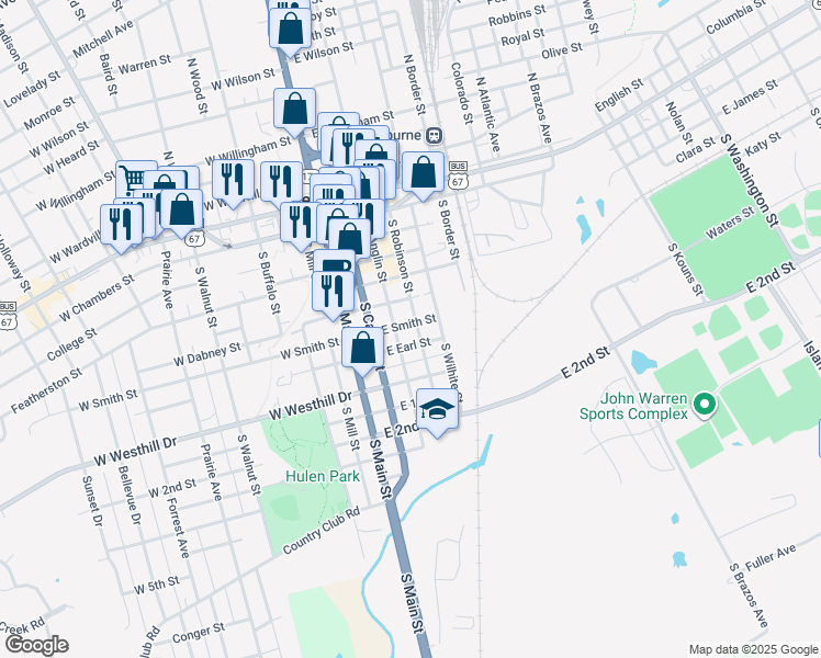map of restaurants, bars, coffee shops, grocery stores, and more near 608 South Robinson Street in Cleburne