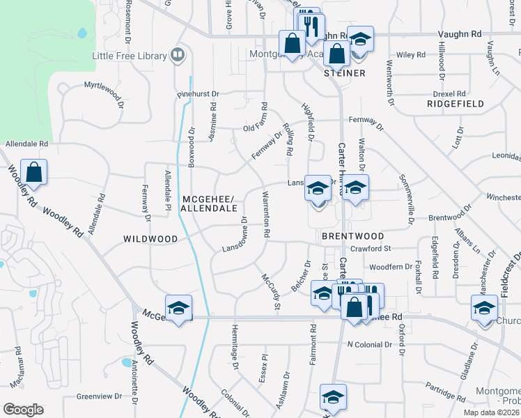 map of restaurants, bars, coffee shops, grocery stores, and more near 2603 Wildwood Dr in Montgomery