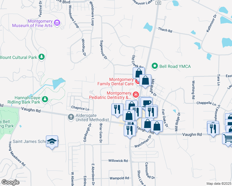 map of restaurants, bars, coffee shops, grocery stores, and more near 2612 Old Orchard Lane in Montgomery