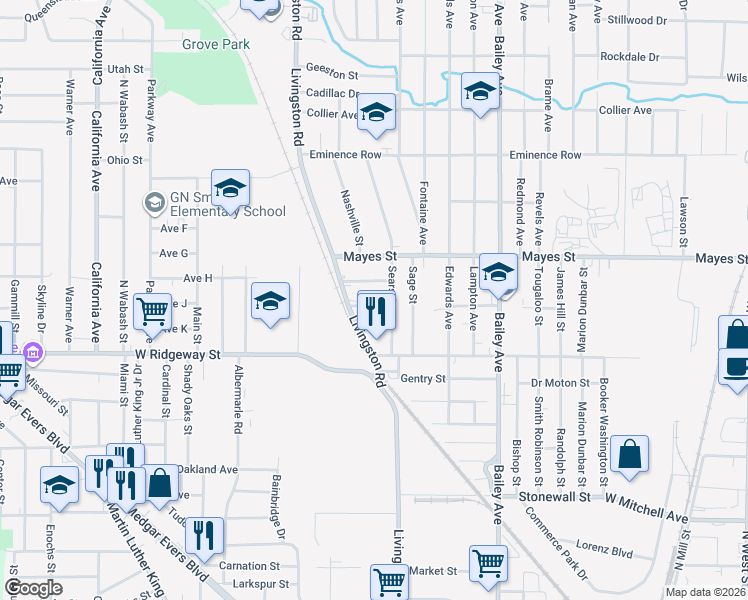 map of restaurants, bars, coffee shops, grocery stores, and more near 1317 Johnston Street in Jackson