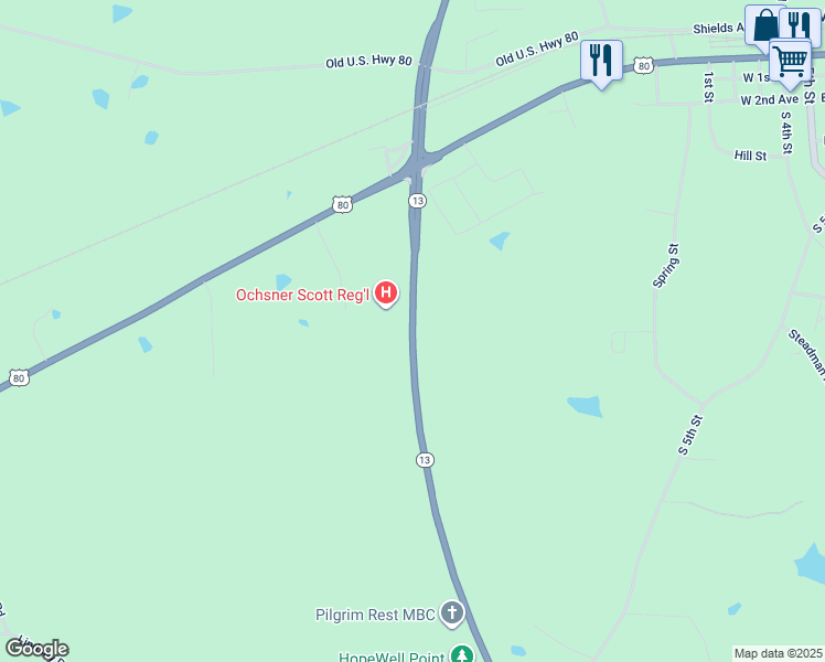 map of restaurants, bars, coffee shops, grocery stores, and more near Mississippi 13 in Morton