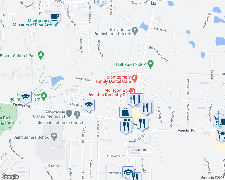 map of restaurants, bars, coffee shops, grocery stores, and more near 2612 Old Orchard Lane in Montgomery