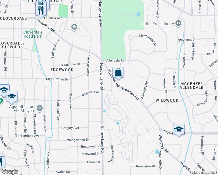 map of restaurants, bars, coffee shops, grocery stores, and more near 3400 Dartmouth Circle in Montgomery