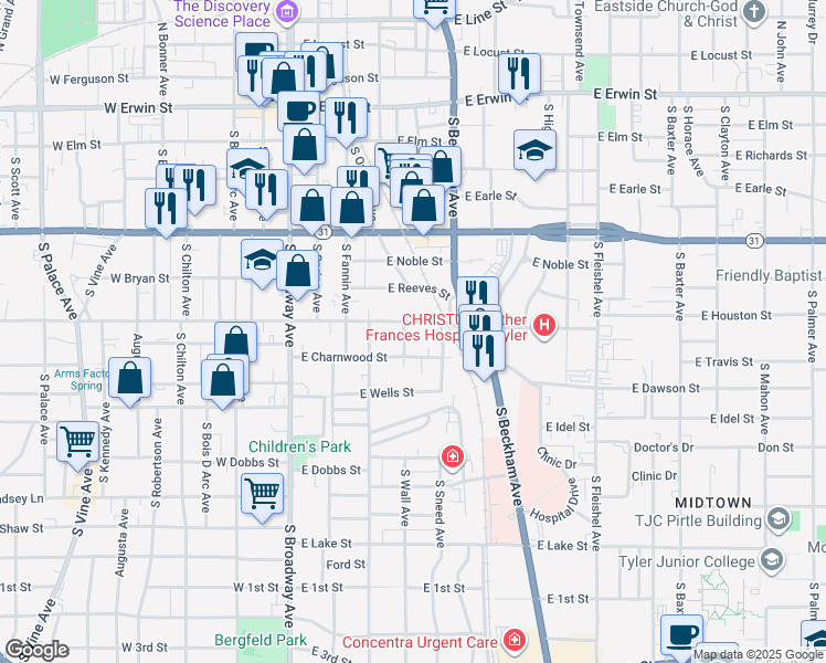map of restaurants, bars, coffee shops, grocery stores, and more near 617 Niblack Place in Tyler