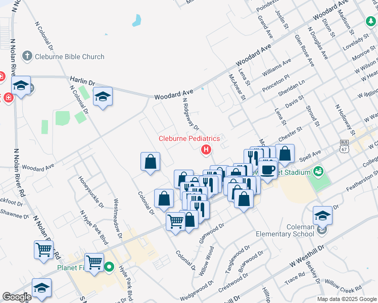 map of restaurants, bars, coffee shops, grocery stores, and more near 301 Lincoln Park Drive in Cleburne