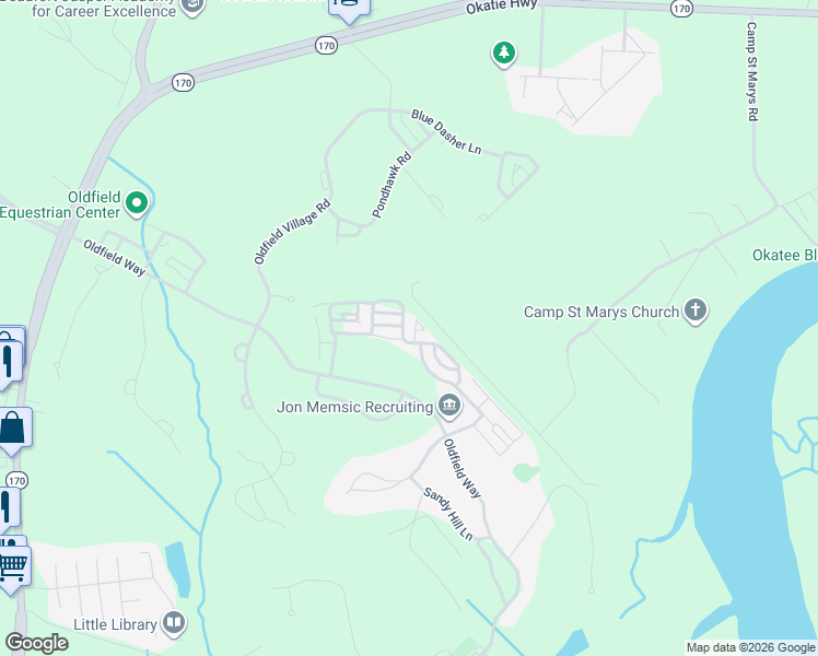 map of restaurants, bars, coffee shops, grocery stores, and more near 61 Great Heron Way in Bluffton