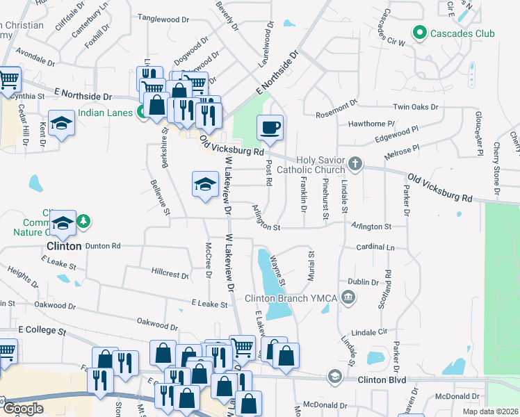 map of restaurants, bars, coffee shops, grocery stores, and more near 704 Tanglewood Drive in Clinton