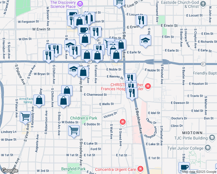 map of restaurants, bars, coffee shops, grocery stores, and more near 419 East Houston Street in Tyler