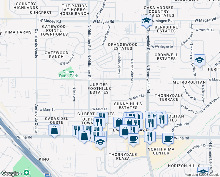 map of restaurants, bars, coffee shops, grocery stores, and more near 7511 North Juniper Road in Tucson