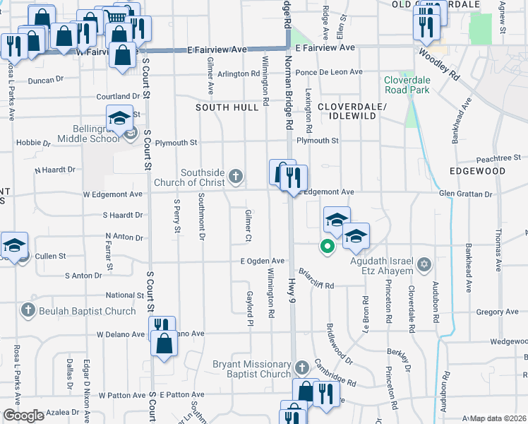 map of restaurants, bars, coffee shops, grocery stores, and more near 3450 Wilmington Road in Montgomery