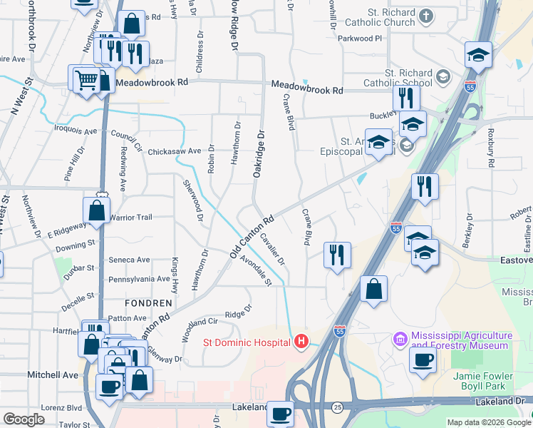 map of restaurants, bars, coffee shops, grocery stores, and more near 3765 Old Canton Road in Jackson