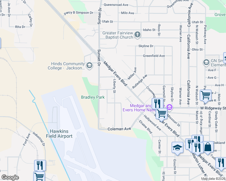 map of restaurants, bars, coffee shops, grocery stores, and more near 3740 Liberty Street in Jackson