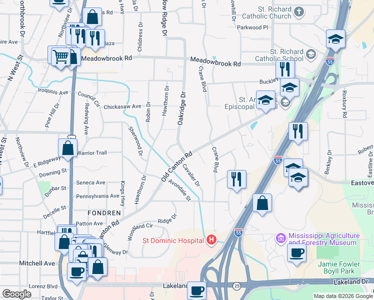 map of restaurants, bars, coffee shops, grocery stores, and more near 3765 Old Canton Road in Jackson