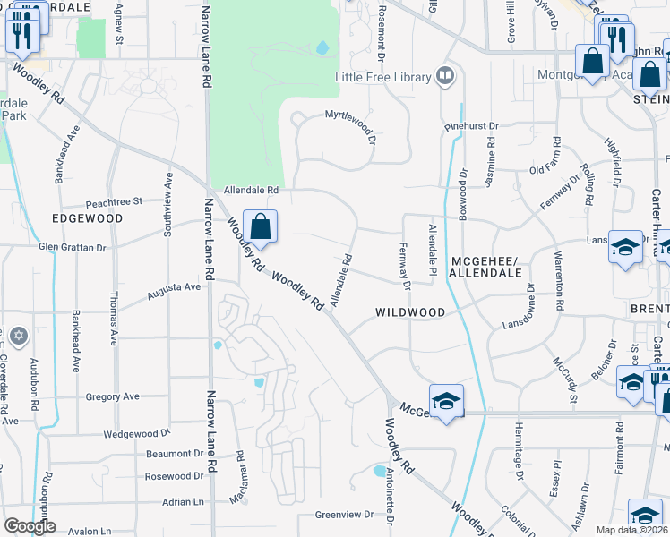 map of restaurants, bars, coffee shops, grocery stores, and more near 2179 Woodley Road in Montgomery