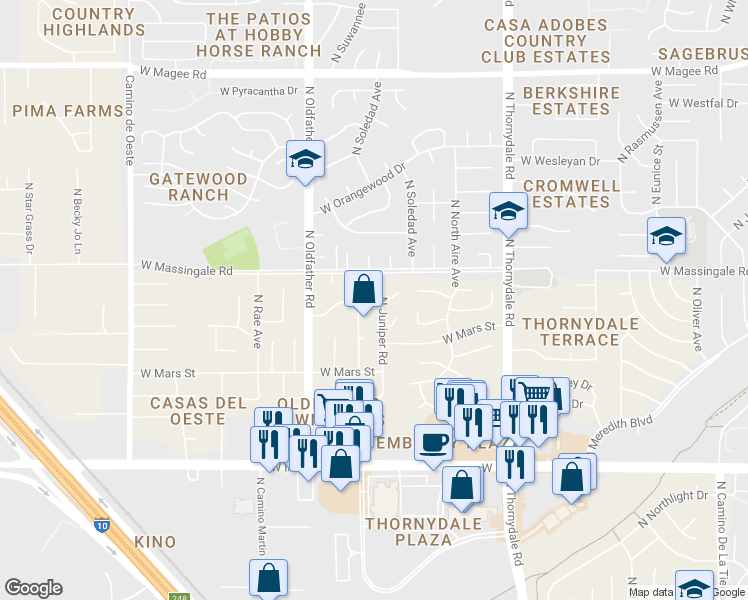 map of restaurants, bars, coffee shops, grocery stores, and more near 7541 North Juniper Road in Tucson