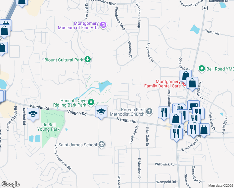 map of restaurants, bars, coffee shops, grocery stores, and more near 6400 Chaprice Lane in Montgomery