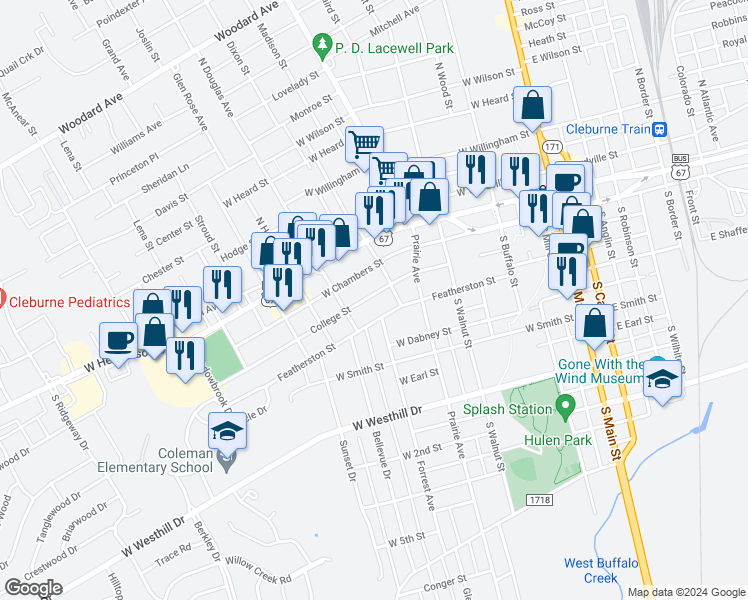 map of restaurants, bars, coffee shops, grocery stores, and more near 501 College Street in Cleburne
