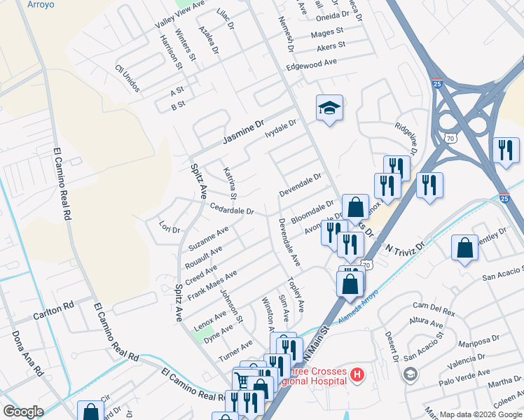 map of restaurants, bars, coffee shops, grocery stores, and more near 865 Cedardale Drive in Las Cruces