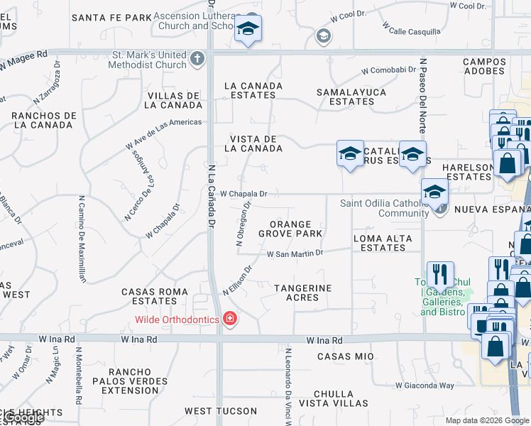 map of restaurants, bars, coffee shops, grocery stores, and more near 7501 North Ellison Drive in Tucson