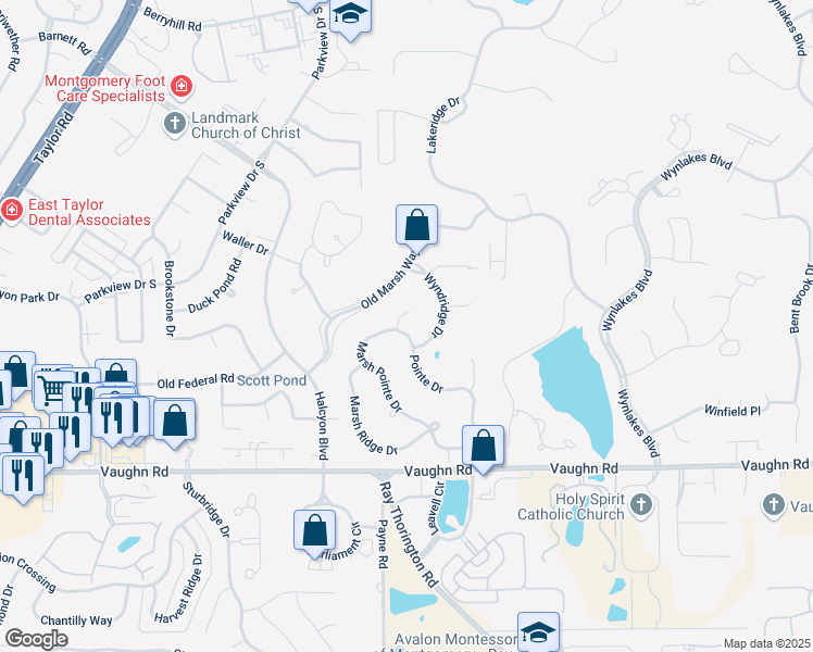 map of restaurants, bars, coffee shops, grocery stores, and more near 8200 Marsh Pointe Drive in Montgomery