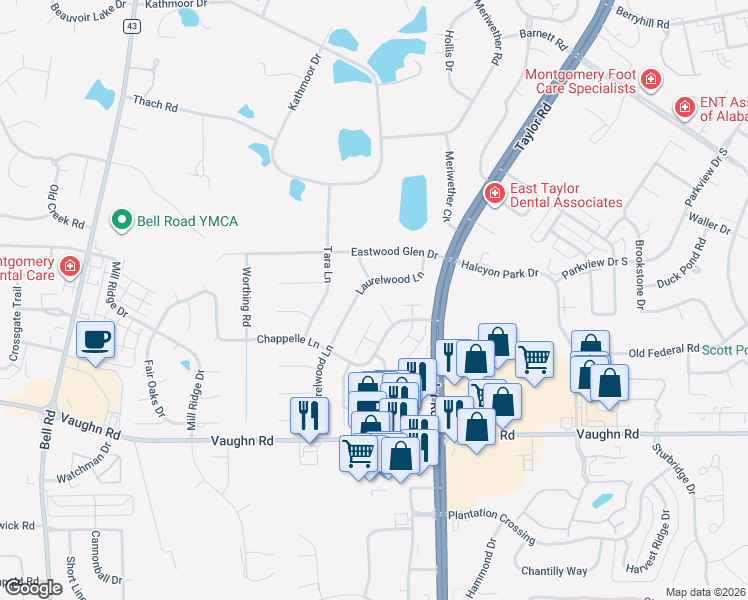 map of restaurants, bars, coffee shops, grocery stores, and more near 8408 Water Oak Court in Montgomery