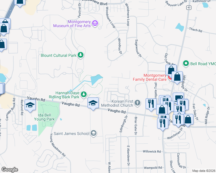 map of restaurants, bars, coffee shops, grocery stores, and more near 6400 Chaprice Lane in Montgomery