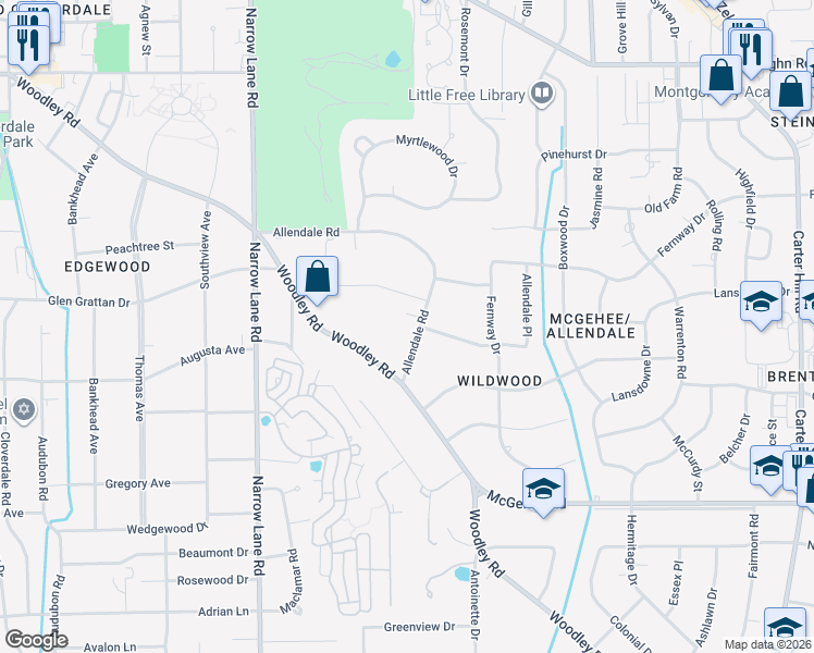 map of restaurants, bars, coffee shops, grocery stores, and more near 2179 Woodley Road in Montgomery