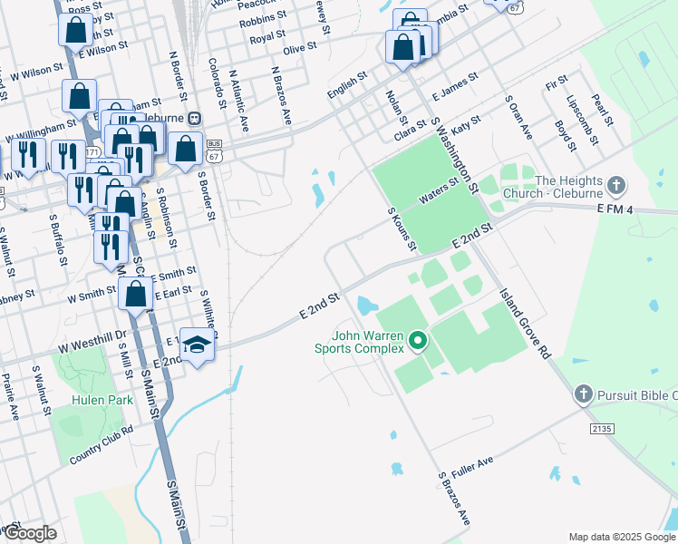 map of restaurants, bars, coffee shops, grocery stores, and more near 708 South Brazos Avenue in Cleburne