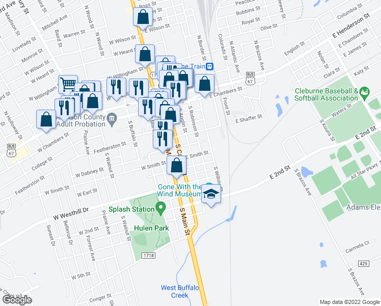 map of restaurants, bars, coffee shops, grocery stores, and more near 512 South Anglin Street in Cleburne