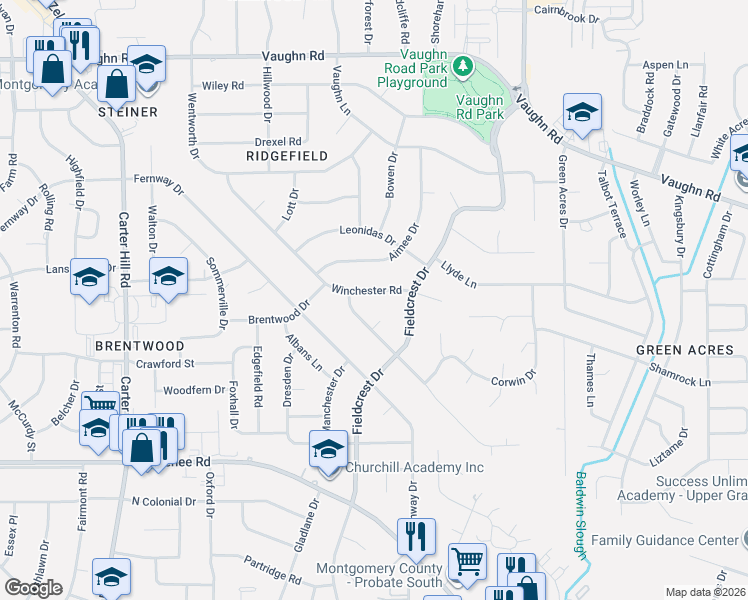 map of restaurants, bars, coffee shops, grocery stores, and more near 3200 Capstone Court in Montgomery