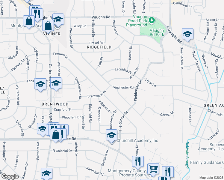 map of restaurants, bars, coffee shops, grocery stores, and more near 2420 Capstone Drive in Montgomery