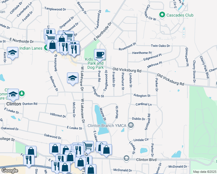 map of restaurants, bars, coffee shops, grocery stores, and more near 711 Tanglewood Drive in Clinton