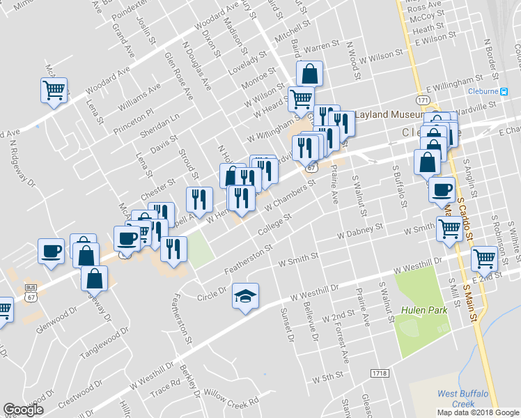 map of restaurants, bars, coffee shops, grocery stores, and more near 810 West Chambers Street in Cleburne