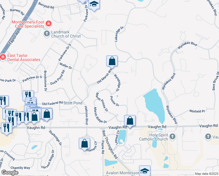 map of restaurants, bars, coffee shops, grocery stores, and more near 8200 Marsh Pointe Drive in Montgomery