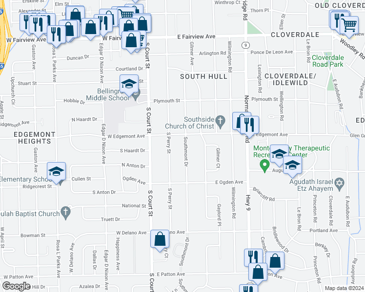 map of restaurants, bars, coffee shops, grocery stores, and more near 3422 Southmont Drive in Montgomery