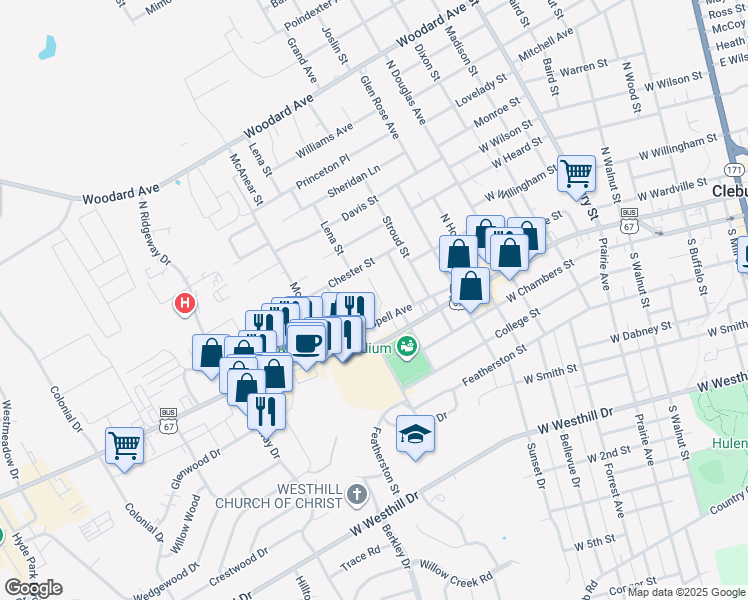 map of restaurants, bars, coffee shops, grocery stores, and more near 203 Willana Court in Cleburne