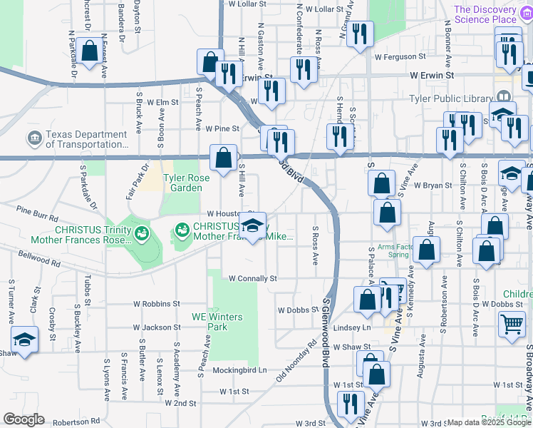 map of restaurants, bars, coffee shops, grocery stores, and more near 607 South Englewood Avenue in Tyler
