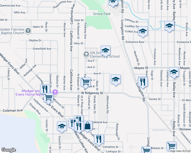 map of restaurants, bars, coffee shops, grocery stores, and more near 3654 Main St in Jackson