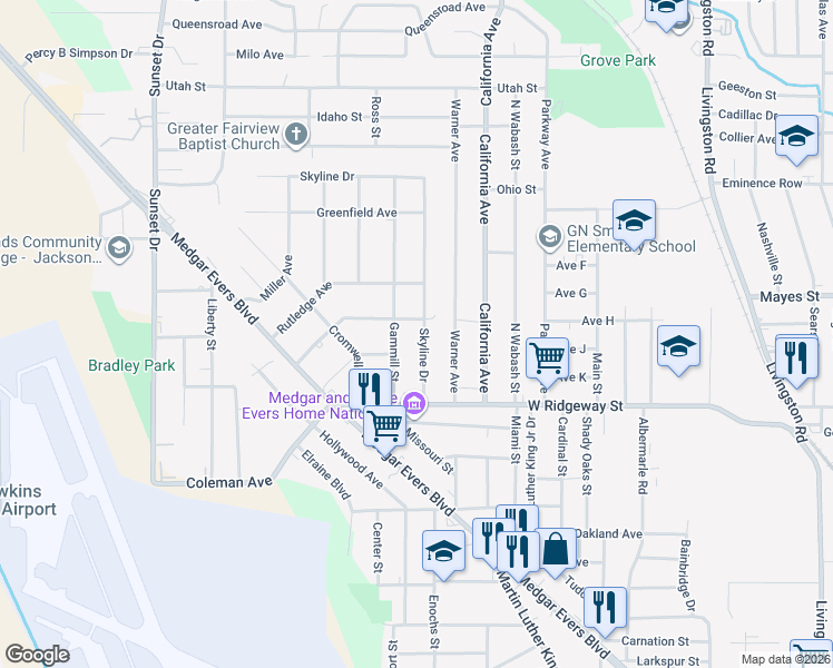 map of restaurants, bars, coffee shops, grocery stores, and more near 3640 Gammill Street in Jackson