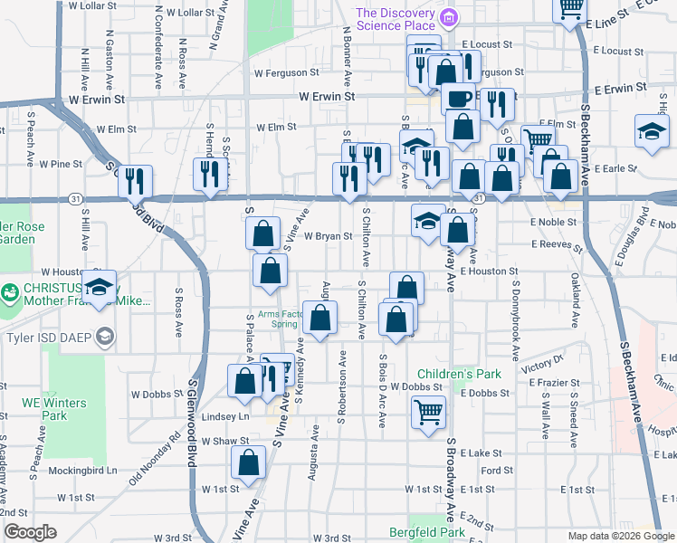 map of restaurants, bars, coffee shops, grocery stores, and more near 512 West Charnwood Street in Tyler